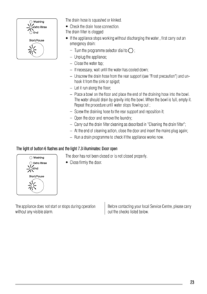 Page 23The drain hose is squashed or kinked.
• Check the drain hose connection.
The drain filter is clogged
• If the appliance stops working without discharging the water , first carry out an
emergency drain:
–
Turn the programme selector dial to 
 ;
– Unplug the appliance;
– Close the water tap;
– If necessary, wait until the water has cooled down;
– Unscrew the drain hose from the rear support (see Frost precaution) and un-
hook it from the sink or spigot;
– Let it run along the floor;
– Place a bowl on the...