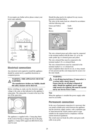 Page 2525 25 If you require any further advice please contact your
local water authority.
Electrical connection
Any electrical work required to install this appliance
should be carried out by a qualified electrician or
competent person.
WARNING: THIS APPLIANCE MUST BE
EARTHED.
The manufacturer declines any liability should
this safety measure not be observed.
Before switching on, make sure the electricity supply
voltage is the same as that indicated on the appliance’s
rating plate. The rating plate is located...