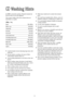 Page 1212
Washing Hints
Do NOToverload the machine. Weigh the laundry the
first few times you use the appliance. 
The average weights of the most common items are
listed below as a guide:
1000g = 1 kg
Sheet 700-1000 g
Pillow case  100-200 g
Tablecloth 400-500 g
Serviette 50-100 g
Tea towel  70-120 g
Linen hand towel  100-150 g
Towelling hand towel  150-250 g
Towelling bath towel  700-1000 g
Bath robe  1000-1500 g
Man’s shirt  200-300 g
Apron 150-200 g
●Load the laundry loosely alternating large items with
small...