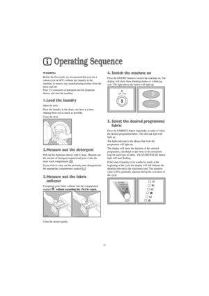 Page 1111
Operating Sequence
WASHING
Before the first wash, we recommend that you run a
cotton cycle at 60°C, without any laundry in the
machine, to remove any manufacturing residue from the
drum and tub.
Pour 1/2 a measure of detergent into the dispenser
drawer and start the machine.
1. Load the laundry
Open the door.
Place the laundry in the drum, one item at a time,
shaking them out as much as possible.
Close the door.
2. Measure out the detergent
Pull out the dispenser drawer until it stops. Measure out
the...