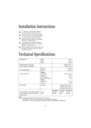 Page 2727
DIMENSIONS Height  85 cmWidth 60 cm
Depth 58 cm
POWER SUPPLY VOLTAGE  230-240 V/50 Hz
TOTAL POWER ABSORBED  2050 W (10A) Minimum 50 kPa
WATER PRESSURE  Maximum 800 kPaWashing
LOAD CAPACITY Cotton, linen  5 kg (max 6 kg) Synthetics 2.5 kg
Delicate fabrics  2.5 kg
Wool and Hand Wash 2 kg
Drying
Cotton, linen  2.5 kg
Synthetics 2 kg
SPIN SPEED  Maximum  1200 rpm (WJS 1265 W) 1400 rpm (WJS 1465 W)
1600 rpm (WJS 1665 W)
WJS 1265 W WJS 1465 W WJS 1665 W
CONSUMPTION DATA FOR WASHING Energy 0.95 kWh 0.95 kWh...