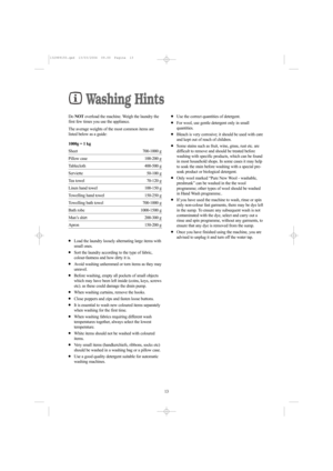 Page 1313
Washing Hints
Do NOToverload the machine. Weigh the laundry the
first few times you use the appliance. 
The average weights of the most common items are
listed below as a guide:
1000g = 1 kg
Sheet 700-1000 g
Pillow case  100-200 g
Tablecloth 400-500 g
Serviette 50-100 g
Tea towel  70-120 g
Linen hand towel  100-150 g
Towelling hand towel  150-250 g
Towelling bath towel  700-1000 g
Bath robe  1000-1500 g
Man’s shirt  200-300 g
Apron 150-200 g
●Load the laundry loosely alternating large items with
small...