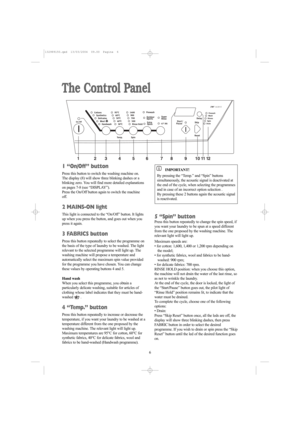 Page 61 “On/Off” button
Press this button to switch the washing machine on.
The display (8) will show three blinking dashes or a
blinking zero. You will find more detailed explanations
on pages 7-8 (see “DISPLAY”).
Press the On/Off button again to switch the machine
off.
2 MAINS-ON light
This light is connected to the “On/Off” button. It lights
up when you press the button, and goes out when you
press it again.
3 FABRICS button
Press this button repeatedly to select the programme on
the basis of the type of...