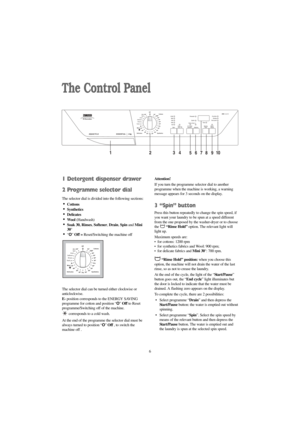 Page 6
6
The Control Panel
Attention!
If you turn the programme selector dial to another
programme when the machine is working, a warning
message appears for 3 seconds on the display.
3 “Spin” button
Press this button repeatedly to change the spin speed, if
you want your laundry to be spun at a speed different
from the one proposed by the washer-dryer or to choose
the “Rinse Hold” option. The relevant light will
light up.
Maximum speeds are:
•for cottons: 1200 rpm
•for synthetics fabrics and Wool: 900 rpm; for...