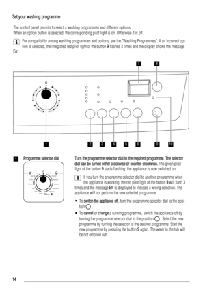 Page 14Set your washing programme
The control panel permits to select a washing programmes and different options.
When an option button is selected, the corresponding pilot light is on. Otherwise it is off.
For compatibility among washing programmes and options, see the Washing Programmes. If an incorrect op-
tion is selected, the integrated red pilot light of the button 9 flashes 3 times and the display shows the message
Err.
123456910
78
1Programme selector dial
Specials CottonsCottons
+Prewash
Economy...