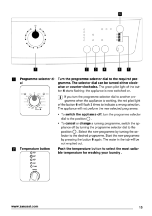 Page 15764321
5
1Programme selector di-
al
Specials CottonsCottons
+Prewash
Economy
Synthetics
Mixed Fabric
Delicates
Wool
Handwash Rinse Drain Spin Easy IronBlanketMini 30Jeans
Turn the programme selector dial to the required pro-
gramme. The selector dial can be turned either clock-
wise or counter-clockwise. The green pilot light of the but-
ton 6 starts flashing: the appliance is now switched on.
If you turn the programme selector dial to another pro-
gramme when the appliance is working, the red pilot...