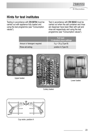 Page 2323
Testing in accordance with EN 60704must be
carried out with appliance fully loaded and
using the test programme (see "Consumption
values").Test in accordance with EN 50242must be
carried out when the salt container and rinse
aid dispenser have been filled with salt and
rinse aid respectively and using the test
programme (see "Consumption values").
Hints for test institutes
Full load:
12 standard place settings
Amount of detergent required: 5 g + 25 g (Type B)
Rinse aid setting:...