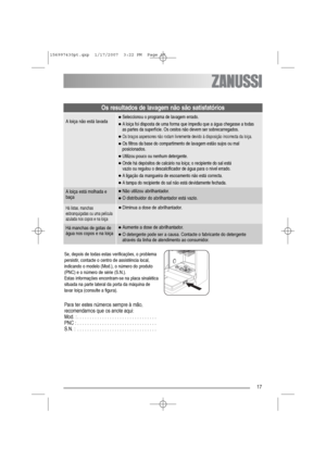 Page 1717
Os resultados de lavagem não são satisfatórios
A loiça não está lavada●Seleccionou o programa de lavagem errado.
●A loiça foi disposta de uma forma que impediu que a água chegasse a todas
as partes da superfície. Os cestos não devem ser sobrecarregados.
●Os braços aspersores não rodam livremente devido à disposição incorrecta da loiça.
●Os filtros da base do compartimento de lavagem estão sujos ou mal
posicionados.
●Utilizou pouco ou nenhum detergente.
●Onde há depósitos de calcário na loiça; o...