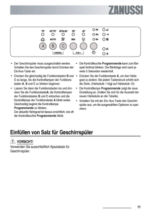 Page 11AB C
• Der Geschirrspüler muss ausgeschaltet werden.
Schalten Sie den Geschirrspüler durch Drücken der
Ein/Aus-Taste ein.
•
Drücken Sie gleichzeitig die Funktionstasten B und
C so lange, bis die Kontrolllampen der Funktions-
tasten A, B und C zu blinken beginnen.
• Lassen Sie dann die Funktionstasten los und drü-
cken Sie die FunktionstasteA; die Kontrolllampen
der Funktionstasten B und C erlöschen und die
Kontrolllampe der Funktionstaste A blinkt weiter.
Gleichzeitig beginnt die Kontrolllampe...