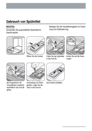 Page 18Gebrauch von Spülmittel
WICHTIG!
Verwenden Sie ausschließlich Spülmittel für
Geschirrspüler.Befolgen Sie die Herstellerangaben für Dosie-
rung und Aufbewahrung.
Öffnen Sie den Deckel.Füllen Sie das Spülmittel
in das Fach A.Achten Sie auf die Dosie-
rungen.
Bei Programmen mit
Vorspülphase zusätzlich
Spülmittel in das Fach B
geben.Verwendung von Reini-
gertabs: Legen Sie die
Tabs in das Fach A.Den Deckel schließen. 
18
 
 