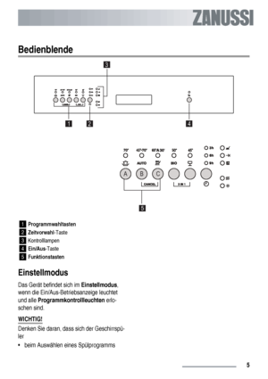 Page 5Bedienblende
12 4
5 ABC 3
1
Programmwahltasten
2
Zeitvorwahl-Taste
3Kontrolllampen
4
Ein/Aus-Taste
5
Funktionstasten
Einstellmodus
Das Gerät befindet sich im Einstellmodus,
wenn die Ein/Aus-Betriebsanzeige leuchtet
und alle Programmkontrollleuchten erlo-
schen sind.
WICHTIG!
Denken Sie daran, dass sich der Geschirrspü-
ler
• beim Auswählen eines Spülprogramms
 5 