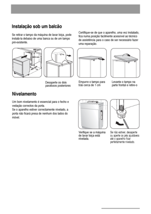 Page 2222
Um bom nivelamento é essencial para o fecho e
vedação correctos da porta.
Se o aparelho estiver correctamente nivelado, a
porta não ficará presa de nenhum dos lados do
móvel.
Instalação sob um balcão
Se retirar o tampo da máquina de lavar loiça, pode
instalá-la debaixo de uma banca ou de um tampo
pré-existente.
Empurre o tampo para
trás cerca de 1 cmLevante o tampo na
parte frontal e retire-oDesaperte os dois
parafusos posteriores
Certifique-se de que o aparelho, uma vez instalado,
fica numa posição...