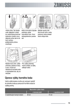 Page 13Vložte príbor. Na dosiah-
nutie najlepších výsled-
kov odporúčame používať
dodávanú mriežku na je-
dálenský príbor (ak to veľ-
kosť rozmery
jedálenského príboru
umožňujú)Nože a iné ostré a špicaté
predmety uložte
rukoväťami hore. Hrozí
nebezpečenstvo porane-
nia!Naložte spodný kôš.
Servírovací riad a veľké
pokrievky treba ukladať
okolo okraja koša.
Naložte horný kôš. Ľahké
predmety (plastové misky
a pod.) musia byť
naložené do horného koša
a usporiadané tak, aby sa
nehýbali.Pre vyššie predmety
možno...