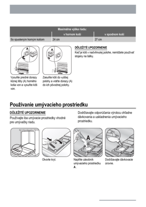 Page 14Maximálna výška riadu:
 v hornom košiv spodnom koši
So spusteným horným košom24 cm27 cm
Vysuňte predné dorazy
klznej lišty (A) horného
koša von a vysuňte kôš
von.Zasuňte kôš do vyššej
polohy a vráťte dorazy (A)
do ich pôvodnej polohy.DÔLEŽITÉ UPOZORNENIE
Keď je kôš v nadvihnutej polohe, nemôžete používať
stojany na šálky.
Používanie umývacieho prostriedku
DÔLEŽITÉ UPOZORNENIE
Používajte iba umývacie prostriedky vhodné
pre umývačky riadu.Dodržiavajte odporúčania výrobcu ohľadne
dávkovania a uskladnenia...