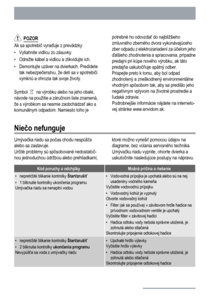 Page 18  POZOR
Ak sa spotrebič vyraďuje z prevádzky:
• Vytiahnite vidlicu zo zásuvky.
• Odrežte kábel a vidlicu a zlikvidujte ich.
• Demontujte uzáver na dvierkach. Predídete
tak nebezpečenstvu, že deti sa v spotrebiči
vymknú a ohrozia tak svoje životy.
Symbol 
  na výrobku alebo na jeho obale,
návode na použitie a záručnom liste znamená,
že s výrobkom sa nesmie zaobchádzať ako s
komunálnym odpadom. Namiesto toho jepotrebné ho odovzdať do najbližšieho
zmluvného zberného dvora vykonávajúceho
zber odpadu z...