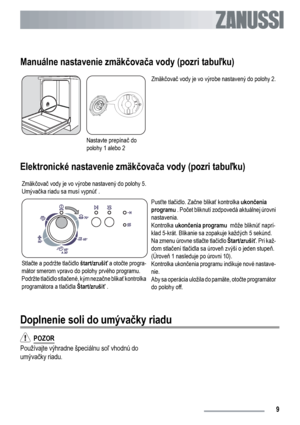 Page 9Manuálne nastavenie zmäkčovača vody (pozri tabuľku)
Nastavte prepínač do
polohy 1 alebo 2Zmäkčovač vody je vo výrobe nastavený do polohy 2.
Elektronické nastavenie zmäkčovača vody (pozri tabuľku)
Zmäkčovač vody je vo výrobe nastavený do polohy 5.
Umývačka riadu sa musí vypnúť . 
Stlačte a podržte tlačidlo štart/zrušiť a otočte progra-
mátor smerom vpravo do polohy prvého programu.
Podržte tlačidlo stlačené, kým nezačne blikať kontrolka
programátora a tlačidla Štart/zrušiť .Pusťte tlačidlo. Začne blikať...