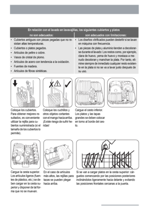 Page 14En relación con el lavado en lavavajillas, los siguientes cubiertos y platos
no son adecuados:son adecuados con limitaciones:
• Cubiertos antiguos con piezas pegadas que no re-
sistan altas temperaturas.
• Cubiertos o platos pegados.
• Artículos de peltre o cobre.
• Vasos de cristal de plomo.
• Artículos de acero con tendencia a la oxidación.
• Fuentes de madera.
• Artículos de fibras sintéticas.• Los diseños vitrificados pueden desteñir si se lavan
en máquina con frecuencia.
• Las piezas de plata y...