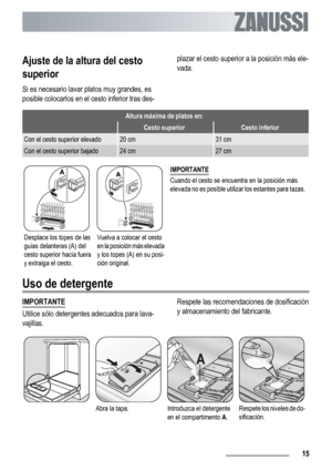 Page 15Ajuste de la altura del cesto
superior
Si es necesario lavar platos muy grandes, es
posible colocarlos en el cesto inferior tras des-plazar el cesto superior a la posición más ele-
vada.
Altura máxima de platos en:
 Cesto superiorCesto inferior
Con el cesto superior elevado20 cm31 cm
Con el cesto superior bajado24 cm27 cm
Desplace los topes de las
guías delanteras (A) del
cesto superior hacia fuera
y extraiga el cesto.Vuelva a colocar el cesto
en la posición más elevada
y los topes (A) en su posi-
ción...