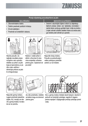 Page 37Pranje slijedećeg posuđa/pribora za jelo
nije prikladno:djelomično je prikladno:
• Olovnokristalno staklo.
•Čelični predmeti podložni hrđanju.
• Drveni pladnjevi.
• Predmeti od sintetičkih vlakana.• Srebrni i aluminijski dijelovi skloni su blijeđenju
tijekom pranja: ostaci, npr. bjelanjka, žumanjka i
senfa često uzrokuju gubitak boje i mrlje na srebru.
Uvijek odmah očistite ostatke hrane sa srebra ako
ga nećete prati odmah po uporabi.
Stavite posuđe. Za
najbolje rezultate prepo-
ručujemo vam uporabu...