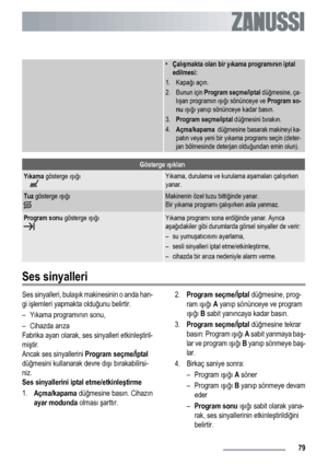 Page 79
•Çal ış makta olan bir y ıkama program ın ın iptal
edilmesi:
1. Kapa ğı aç ın.
2. Bunun için  Program seçme/iptal  düğmesine, ça-
l ı ş an program ın  ış ığ ı sönünceye ve  Program so-
nu  ış ığ ı yan ıp sönünceye kadar bas ın.
3. Program seçme/iptal  düğmesini b ırak ın.
4. Açma/kapama   düğmesine basarak makineyi ka-
pat ın veya yeni bir y ıkama program ı seçin (deter-
jan bölmesinde deterjan oldu ğundan emin olun).
Gösterge  ış ıklar ı
Yıkama  gösterge  ış ığ ıY ıkama, durulama ve kurulama a şamalar...