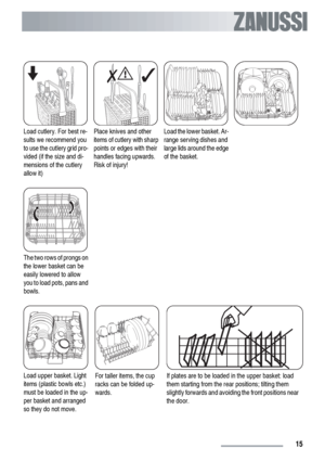 Page 15Load cutlery. For best re-
sults we recommend you
to use the cutlery grid pro-
vided (if the size and di-
mensions of the cutlery
allow it)Place knives and other
items of cutlery with sharp
points or edges with their
handles facing upwards.
Risk of injury!Load the lower basket. Ar-
range serving dishes and
large lids around the edge
of the basket.
The two rows of prongs on
the lower basket can be
easily lowered to allow
you to load pots, pans and
bowls.   
Load upper basket. Light
items (plastic bowls...