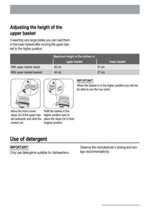 Page 16Adjusting the height of the
upper basket
If washing very large plates you can load them
in the lower basket after moving the upper bas-
ket to the higher position.
Maximum height of the dishes in:
 upper basketlower basket
With upper basket raised20 cm31 cm
With upper basket lowered24 cm27 cm
Move the front runner
stops (A) of the upper bas-
ket outwards and slide the
basket out.Refit the basket in the
higher position and re-
place the stops (A) in their
original position.IMPORTANT!
When the basket is in...