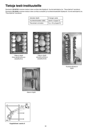 Page 19Standardin EN 60704 mukainen testaus tulee suorittaa laite täytettynä. Suorita testiohjelma (ks. Pesuohjelmat-taulukkoa).
Standardin EN 50242 mukainen testaus tulee suorittaa suolasäiliö ja huuhtelukirkastesäiliö täytettyinä. Suorita testiohjelma (ks.
Pesuohjelmat-taulukkoa).
Tietoja testi-instituuteille
39 Astioiden täyttö: 9 hengen astiat
Huuhtelukirkasteen säätö
:asento 4 (tyyppi III)
Pesuaineen annostelu: 5 g + 20 g (tyyppi B)
Alakorin täyttö Yläkorin täyttö 
ilman pientä kulhoa ja
salaattikulhoa...