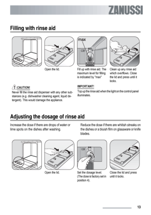 Page 13Filling with rinse aid
Open the lid.Fill up with rinse aid. The
maximum level for filling
is indicated by maxClean up any rinse aid
which overflows. Close
the lid and press until it
locks.
CAUTION!
Never fill the rinse aid dispenser with any other sub-
stances (e.g. dishwasher cleaning agent, liquid de-
tergent). This would damage the appliance.
IMPORTANT!
Top up the rinse aid when the light on the control panel
illuminates.
Adjusting the dosage of rinse aid
Increase the dose if there are drops of water...