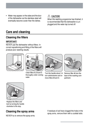 Page 16• Water may appear on the sides and the door
of the dishwasher as the stainless steel will
eventually become cooler than the dishes.  CAUTION!
When the washing programme has finished, it
is recommended that the dishwasher is un-
plugged and the water tap turned off.
Care and cleaning
Cleaning the filters
IMPORTANT!
NEVER use the dishwasher without filters. In-
correct repositioning and fitting of the filters will
produce poor washing results.
Clean filters A, B and C
thoroughly under running
water.Turn...