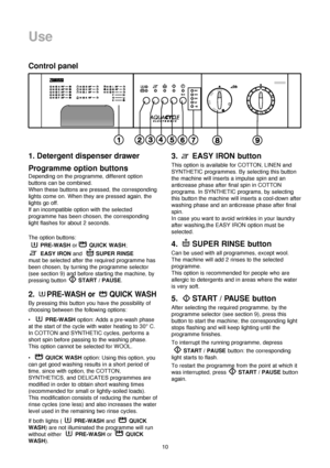 Page 1010
Use
1. Detergent dispenser drawer
Programme option buttons
Depending on the programme, different option
buttons can be combined.
When these buttons are pressed, the corresponding
lights come on. When they are pressed again, the
lights go off.
If an incompatible option with the selected
programme has been chosen, the corresponding
light flashes for about 2 seconds.
The option buttons:
PRE-WASHorQUICK WASH;
EASY IRONand SUPER RINSE
must be selected after the required programme has
been chosen, by...