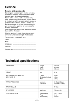 Page 13- 13 -
Service
Service and spare parts
Servicing and possible repairs must be carried out
by a service company authorized by the supplier.
Use only spare parts supplied by these.
Before calling service, use the trouble shooting
table ÓIf the machine is not workingÓ to try to attend
to the fault yourself. If service is called in to solve a
problem that is in this list, there is a risk that you
will be responsible for the cost. This is also true if
you have used the appliance for a purpose other
than it is...