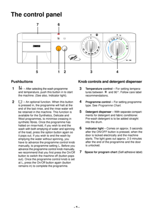 Page 5- 5 -
The control panel
Pushbuttons
Ð After selecting the wash programme
and temperature, push this button in to start 
the machine. (See also, Indicator light).
Ð An optional function. When this button 
is pressed in, the programme will halt at the 
end of the last rinse, and the rinse water will 
be retained in the machine. This function is 
available for the Synthetics, Delicate and 
Wool programmes, to minimise creasing in 
synthetic fibres. Once the programme has 
halted on rinse-hold, if you wish...