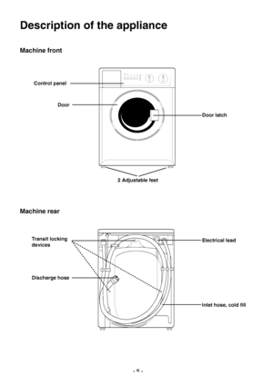 Page 55 
Machine front
Description of the appliance
Control panel
Door
2 Adjustable feet
Door latch
Machine rear
Transit locking
devices
Discharge hose
Electrical lead
Inlet hose, cold fill
Downloaded From WashingMachineManual.com Manuals     