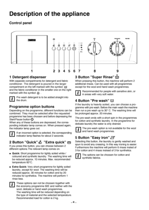 Page 66 
Description of the appliance
Control panel
1 Detergent dispenser
With separate compartments for detergent and fabric
conditioner. The detergent is poured in the larger
compartment on the left marked with the symbol 
and the fabric conditioner in the smaller one on the right
marked with the symbol       . 
Pre wash detergent is to be added straight into
the drum.
Programme option buttons
Depending on the programme, different functions can be
combined. They must be selected after the requested
programme...