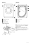 Page 4
Machine front
1
2
3
4
1Detergent dispenser drawer
2Control panel
3Door opening handle
4Adjustable feet (front)
Machine rear
1
3
2
4
1Transit locking devices
2Drain hose
3Electrical lead
4Inlet hose
Detergent dispenser drawer
 Compartment for powder or liquid detergent used for
main wash. If using liquid detergent pour it  just before
starting the programme.
 Compartment for liquid additives (fabric softener,
starch).
Any fabric softener or starching additives must be poured
into the compartment before...