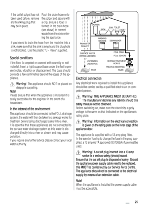 Page 25If the outlet spigot has not
been used before, remove
any blanking plug that
may be in place.Push the drain hose onto
the spigot and secure with
a clip, ensure a loop is
formed in the drain hose
(see above) to prevent
waste from the sink enter-
ing the appliance.
If you intend to drain the hose from the machine into a
sink, make sure that the sink is empty and the plug hole
is not blocked. Use the plastic “U - Piece” supplied.
Special conditions
If the floor is carpeted or covered with crumbly or soft...