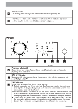 Page 6
Programme selector dial
So your clothes have a more efficient and clean wash different wash cycles can be selected
depending on the users needs.
SPIN SPEED button
By pressing this button you can change the spin speed of the selected programme or to
select No Spin option     .
OPTIONS buttons
In order to get better care of your clothes you can select the:That is to increase the level of rinse water. Baby Care function can make the rinse performance
better to protect the baby skin. Except single wash,...