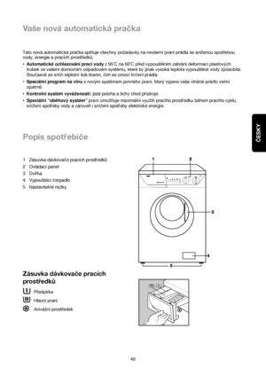 Page 49ČESKY
Vaše nová automatická pračka
49 Tato nová automatická pračka splňuje všechny požadavky na moderní praní prádla se sníženou spotřebou
vody, energie a pracích prostředků.
•Automatické ochlazování prací vodyz 95˚C na 60˚C před vypouštěním zabrání deformaci plastových
trubek ve vašem domovním odpadovém systému, které by jinak vysoká teplota vypouštěné vody způsobila.
Soucasn™se snízí teplotní sok tkanin, cím se omezí krcení prádla.
•Speciální program na vlnus novým systémem jemného praní, který vypere...