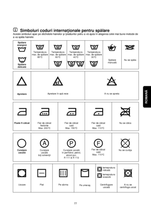 Page 77ROMANĂ 
77
Simboluri coduri interna†ionale pentru spălare
Aceste simboluri apar pe etichetele hainelor çi †esăturilor petru a văajuta în alegerea celei mai bune metode de
a va spăla hainele:
Temperatura
max. de spălare
30°C Temperatura
max. de spălare
40°C Temperatura
max. de spălare
95°CTemperatura
max. de spălare
60°C
Spălare 
delicatăSpălare 
manualăNu se spăla
ApretareApretare în apărece A nu se apreta
Poate fi călcatFier de călcat 
fierbinte
Max. 200°CFier de călcat
cald
Max. 150°CFier de călcat...