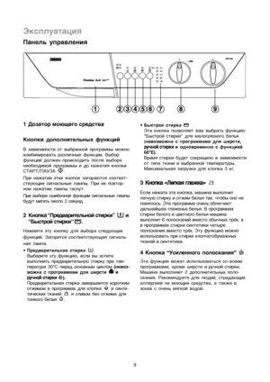 Page 91Дозатор моющего средства
Knopki dopolnitelwnyh funkcij
V zavisimosti ot vybrannoj programmy moΩno
kombinirovatw razli©nye funkcii. Vybor
funkcij dolΩen proishoditw posle vybora
neobhodimoj programmy i do naΩatiå knopki
START/PAUZA .
Pri naΩatii ™tih knopok zagoraætså sootvet-
stvuæxie signalwnye lampy. Pri ih povtor-
nom naΩatii lampy gasnut.
Pri vybore oßibo©noj funkcii signalwnye lampy
budut migatw okolo 2 sekund.
2Кнопка “Предварительной  стирки” и
“Быстрой стирки” .
NaΩmite ™tu knopku dlå vybora...