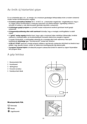 Page 51MAGYAR
Az önök új háztartási gépe
51 Ez az új háztartási gép a víz-, az energia- és a mosószer gazdaságos felhasználása révén a modern ruhanemu
mosás minden követelményének megfelel.
•A mosóvíz automatikus lehutése95°C- ról 60°C-ra - a leeresztést megelozoen -megakadályozza, hogy a
víz magas hofoka következtében a muanyag vízlevezetocsoeldeformálódjon. Egyidejuleg csökken a
szövetek hosokkja is, mely által kevesebb gyurodés képzodik a ruhanemun.
•A különleges gyapjú program az új kímélomosási módszerével...