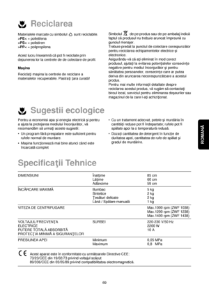 Page 69ROMANĂ 
69
Reciclarea
Sugestii ecologice
Materialele marcate cu simbolul  sunt reciclabile.
>PEPSPP