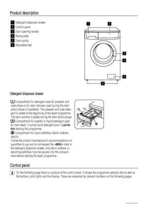 Page 4Product description
1Detergent dispenser drawer
2Control panel
3Door opening handle
4Rating plate
5Drain pump
6Adjustable feet
12
3
4
5
6
Detergent dispenser drawer
 Compartment for detergent used for prewash and
soak phase or for stain remover used during the stain
action phase (if available). The prewash and soak deter-
gent is added at the beginning of the wash programme.
The stain remover is added during the stain action phase.
 Compartment for powder or liquid detergent used
for main wash. If using...