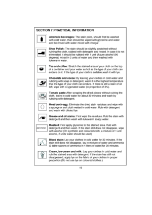 Page 20 
 
 
 
 
 
 
 
 
 
 
 
 
 
 
 
 
 
 
 
 
 
 
 
 
 
 
 
 
 
 
 
 
 
 
 
 
 
 
 
 
 
 
 
 
 
 
 
 
 
 
 
 
 
 
 
 
 
 
 
SECTION 7:PRACTICAL INFORMATION
 
       Alcoholic beverages: The stain point, should first be washed 
       with cold water, than should be wiped with glycerine and water 
       and be rinsed with water mixed with vinegar. 
 
       Shoe Polish: The stain should be slightly scratched without       
       ruining the cloth, rubbed with detergent and rinsed. In case it is not...
