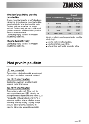 Page 3939
Množství použitého pracího
prostředku
Druh a množství pracího prostředku bude
záviset na druhu tkaniny, množství prádla,
stupni zašpinění a tvrdosti použité vody.
Tvrdost vody se označuje tzv. stupni
tvrdosti. Tvrdost vody ve své domácnosti
zjistíte u místního vodárenského podniku
nebo na místním úřadě.
Dodržujte pokyny výrobce k množství
použitého prostředku.
Stupně tvrdosti vody
Dodržujte pokyny výrobce k množství
použitého prostředku.
Úroveň
Stupně
německé
°dHfrancouzské
°T.H.Charakteristika...