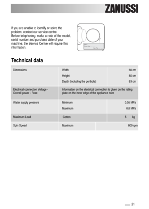 Page 2121
If you are unable to identify or solve the
problem, contact our service centre. 
Before telephoning, make a note of the model,
serial number and purchase date of your
machine: the Service Centre will require this
information.
Mod. ... ... ...
Prod. No. ... ... ...
          Ser. No. ... ... ...
M
o
d
.
 
.
..
 
..
.
 
.
.
.
P
r
o
d
.
 
N
o
. 
.
..
 
..
.
 
.
.
 
 
  
 
  
 
  
 
  
 
  
 
  
 
  
 
  
S
e
r
.
 
No
.
 
..
.
 
.
.
. 
.
..
Technical data
Dimensions Width 60 cm
85 cm
63 cm Height
Depth...