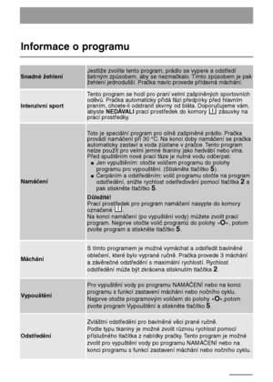 Page 3636
Informace o programu
Tento program se hodí pro praní velmi zašpiněných sportovních
oděvů. Pračka automaticky přidá fázi předpírky před hlavním
praním, chcete-li odstranit skvrny od bláta. Doporučujeme vám,
abyste NEDÁVALIprací prostředek do komory  zásuvky na
prací prostředky.
Vypouštění
Pro vypuštění vody po programu NAMÁČENÍ nebo na konci
programu s funkcí zastavení máchání nebo nočního cyklu.
Nejprve otočte programovým voličem do polohy «
O»,potom
zvolte program Vypouštění a stiskněte tlačítko 
5....