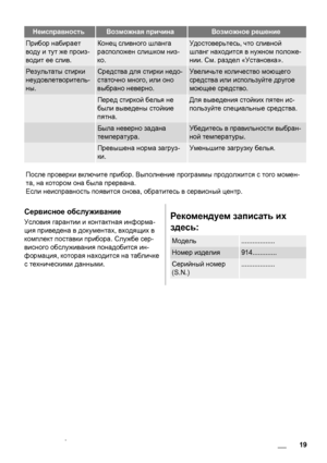 Page 19НеисправностьВозможная причинаВозможное решение
Прибор набирает
воду и тут же произ-
водит ее слив.Конец сливного шланга
расположен слишком низ-
ко.Удостоверьтесь, что сливной
шланг находится в нужном положе-
нии. См. раздел «Установка».
Результаты стирки
неудовлетворитель-
ны.Средства для стирки недо-
статочно много, или оно
выбрано неверно.Увеличьте количество моющего
средства или используйте другое
моющее средство.
 Перед стиркой белья не
были выведены стойкие
пятна.Для выведения стойких пятен ис-...