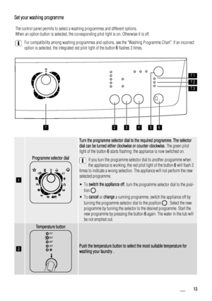 Page 13Set your washing programme
The control panel permits to select a washing programmes and different options.
When an option button is selected, the corresponding pilot light is on. Otherwise it is off.For compatibility among washing programmes and options, see the Washing Programme Chart. If an incorrect
option is selected, the integrated red pilot light of the button  6 flashes 3 times.
123465
7.1
7.2
7.3
1
Programme selector dial
Turn the programme selector dial to the required programme. The selector...