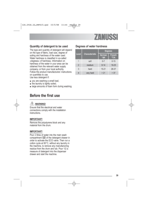 Page 1039
Quantity of detergent to be used
The type and quantity of detergent will depend
on the type of fabric, load size, degree of
soiling and hardness of the water used.
Water hardness is classified in so-called
«degrees» of hardness. Information on
hardness of the water in your area can be
obtained from the relevant water supply
company, or from your local authority.
Follow the product manufacturers’ instructions
on quantities to use.
Use less detergent if:
●you are washing a small load,
●the laundry is...